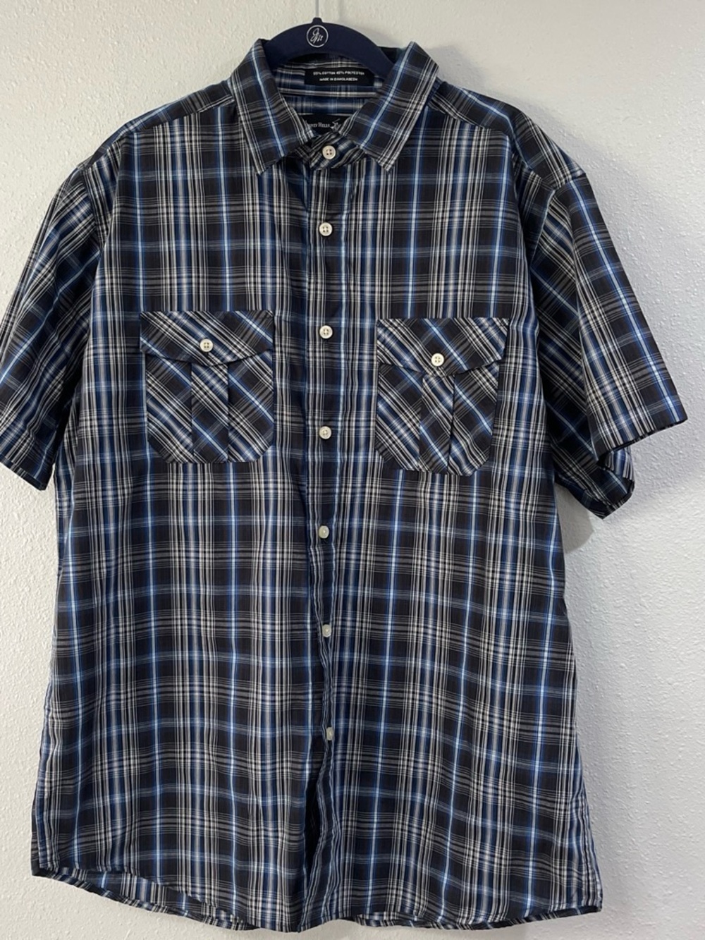 Beverly Hills Polo Club Men's Black and Blue Plaid Short-Sleeve Button-Up